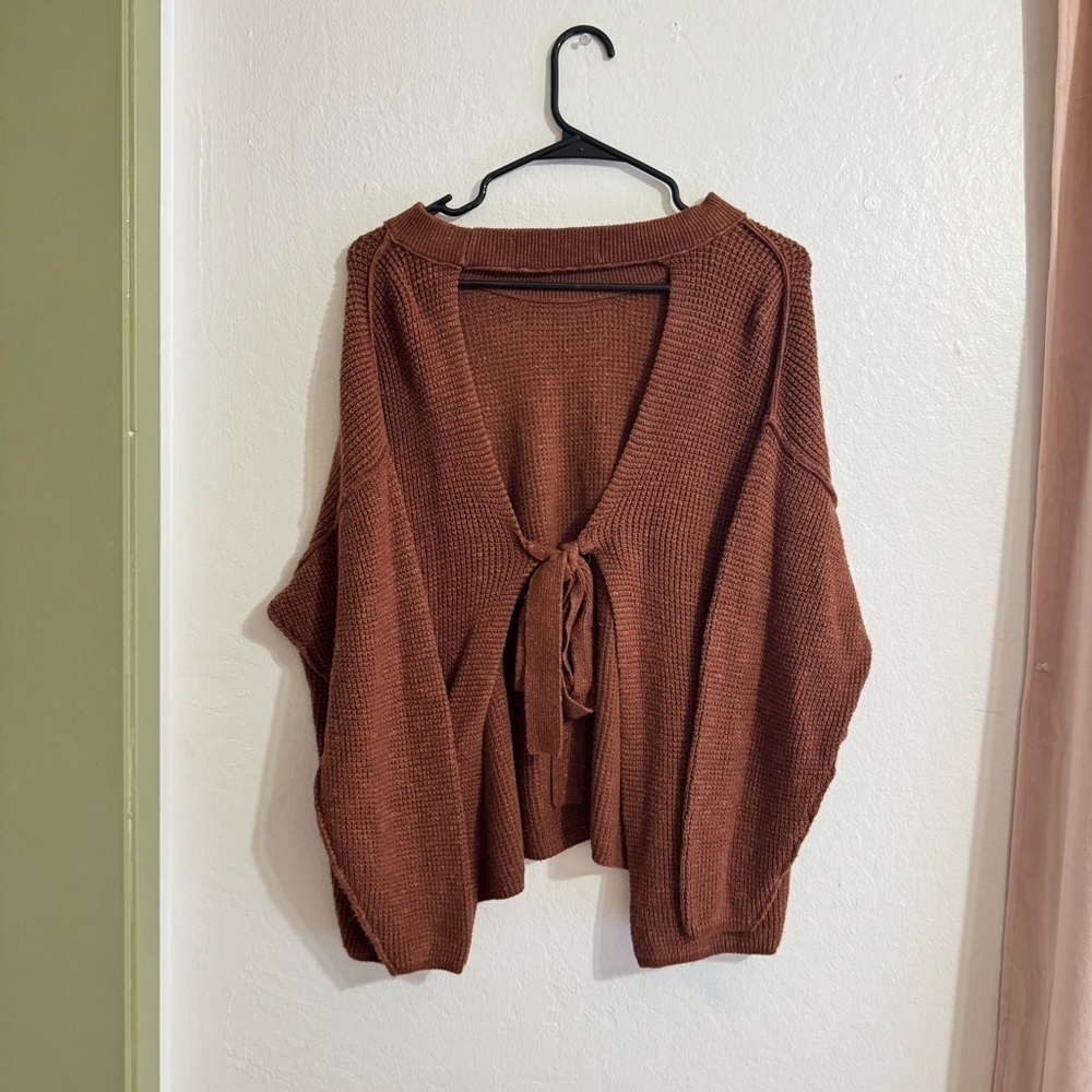 Free People FP Beach Cali open tie back sweater waffle brown knit long sleeve XS - Picture 3 of 9
